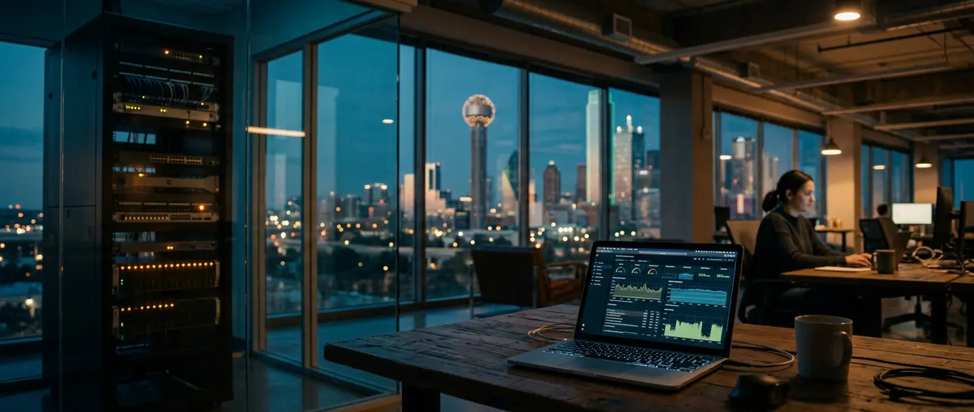 Server rack and a laptop showing network monitoring dashboards in a Dallas office at dusk