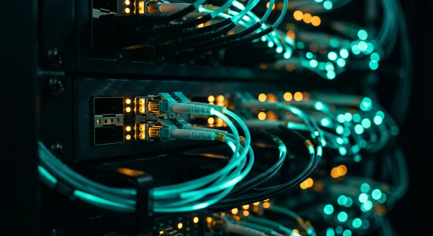 Close-up of network switch ports and fiber cables glowing in a server room
