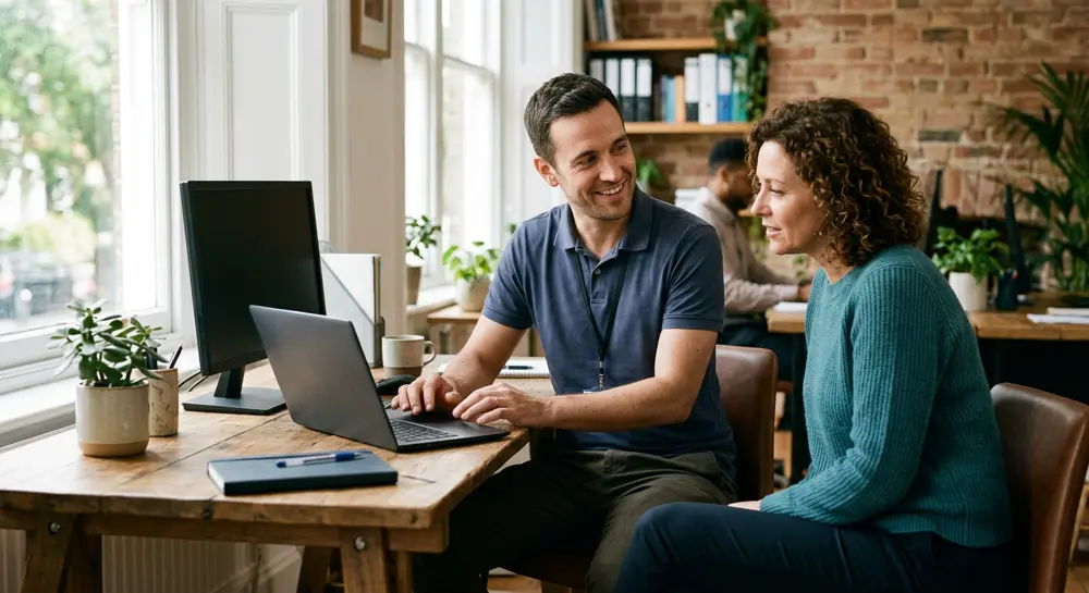 Simplistic IT technician working with a client in their office